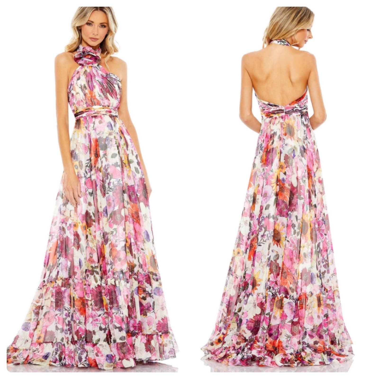 Mac Duggal Chiffon Floral Asymmetrical Ruffled Halter Floral Gown Size 12 Nwt